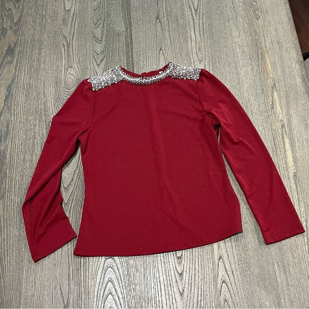 Mocha Maroon Long Sleeve Beaded Blouse Size L